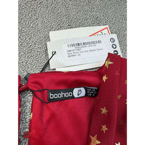 Boohoo Star Print Cut Out Skater Dress Red Gold US Size 8 - Picture 8 of 11